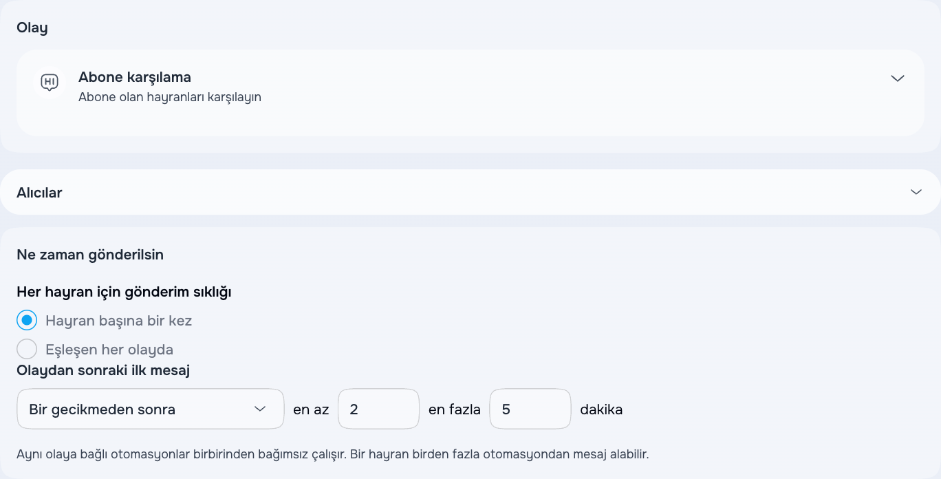 Karşılama mesajının gecikme ve gönderim sıklığı ayarları