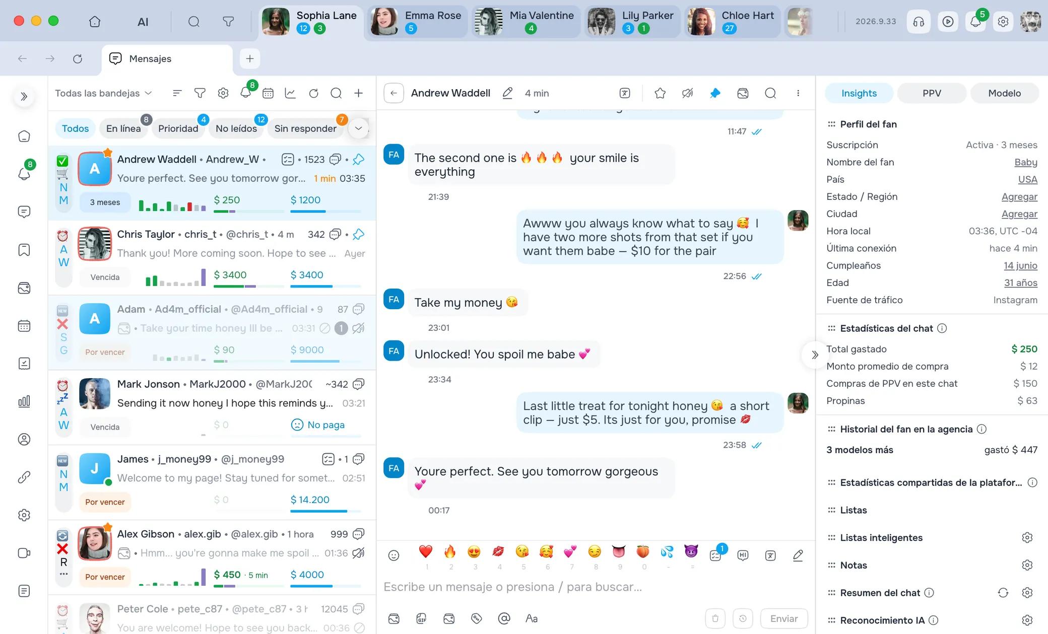 AgencyKey CRM para agencias de OnlyFans — chats, analítica de fans y gestión del equipo