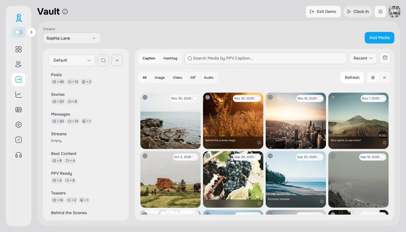 Shared media vault for OnlyFans agency with tags and content filtering
