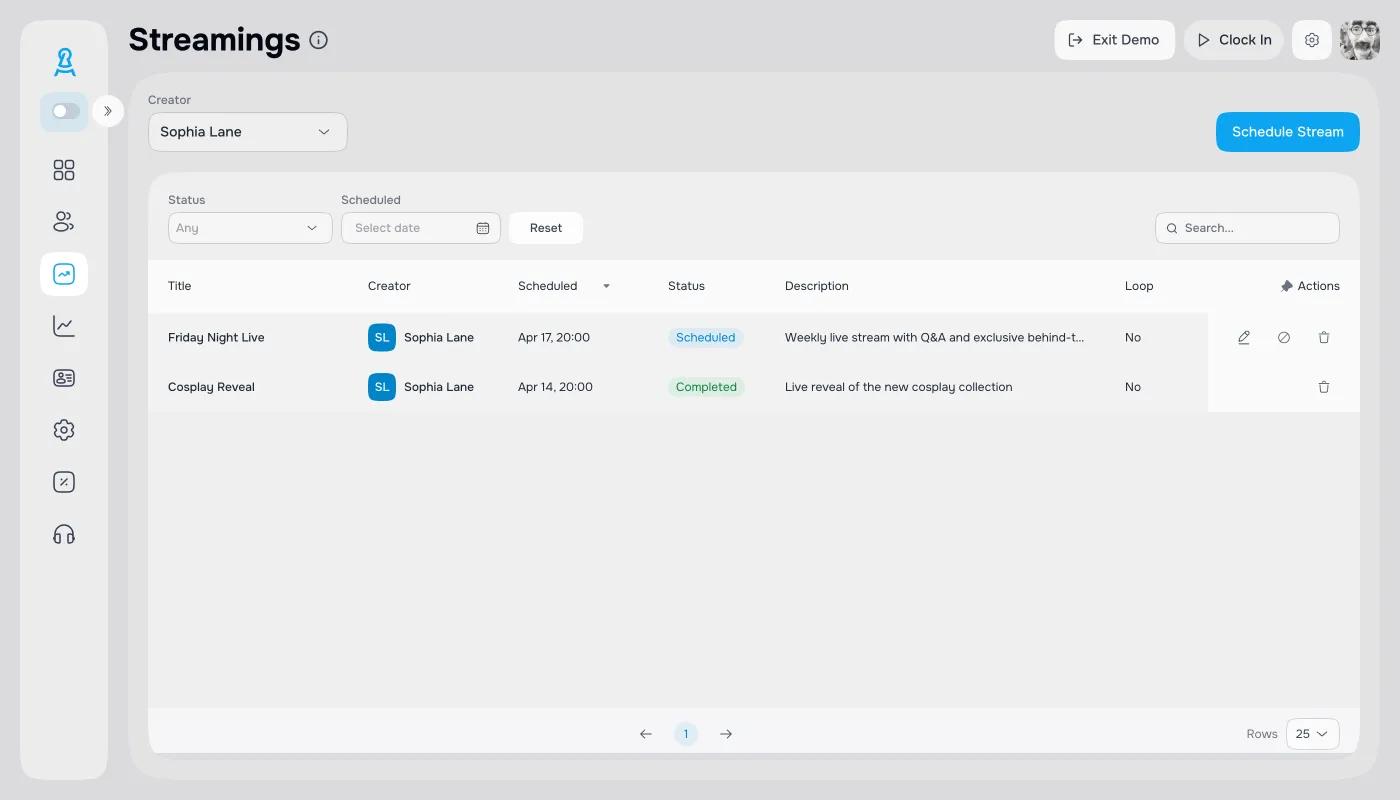 OnlyFans live-stream scheduling and management from a single CRM